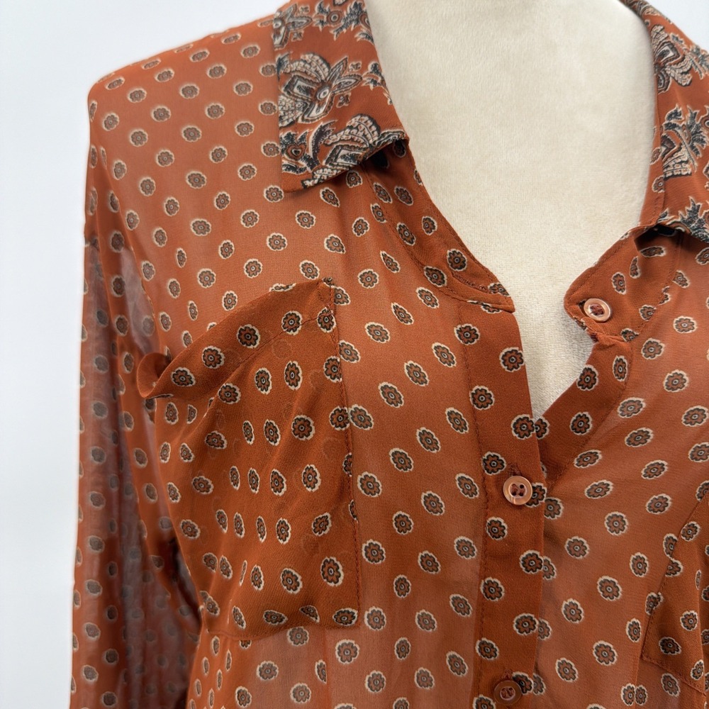 Free People Easy Rider Sheer Blouse Size XS Small Burnt Orange Paisley Pockets - Picture 2 of 8